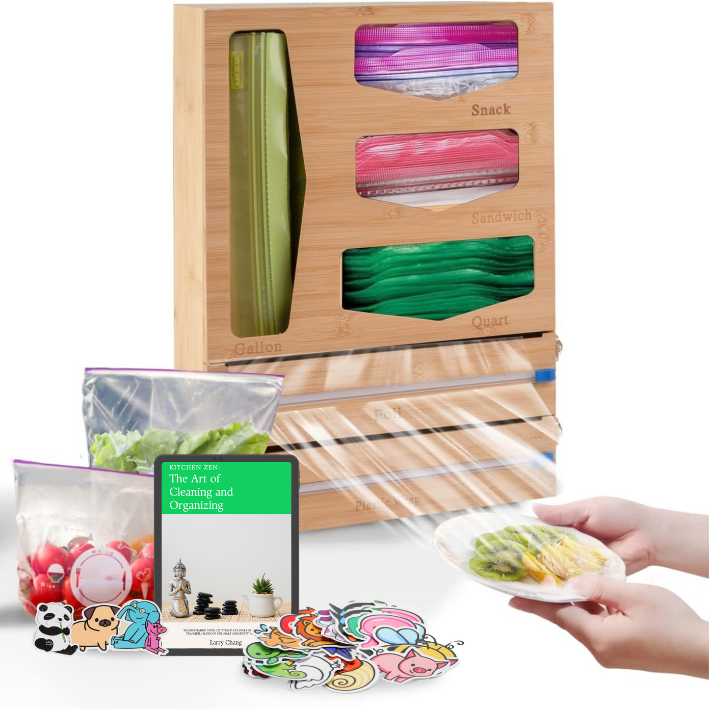 6 in 1 Bamboo Ziploc Bag Storage Organizer and Wrap Dispenser.