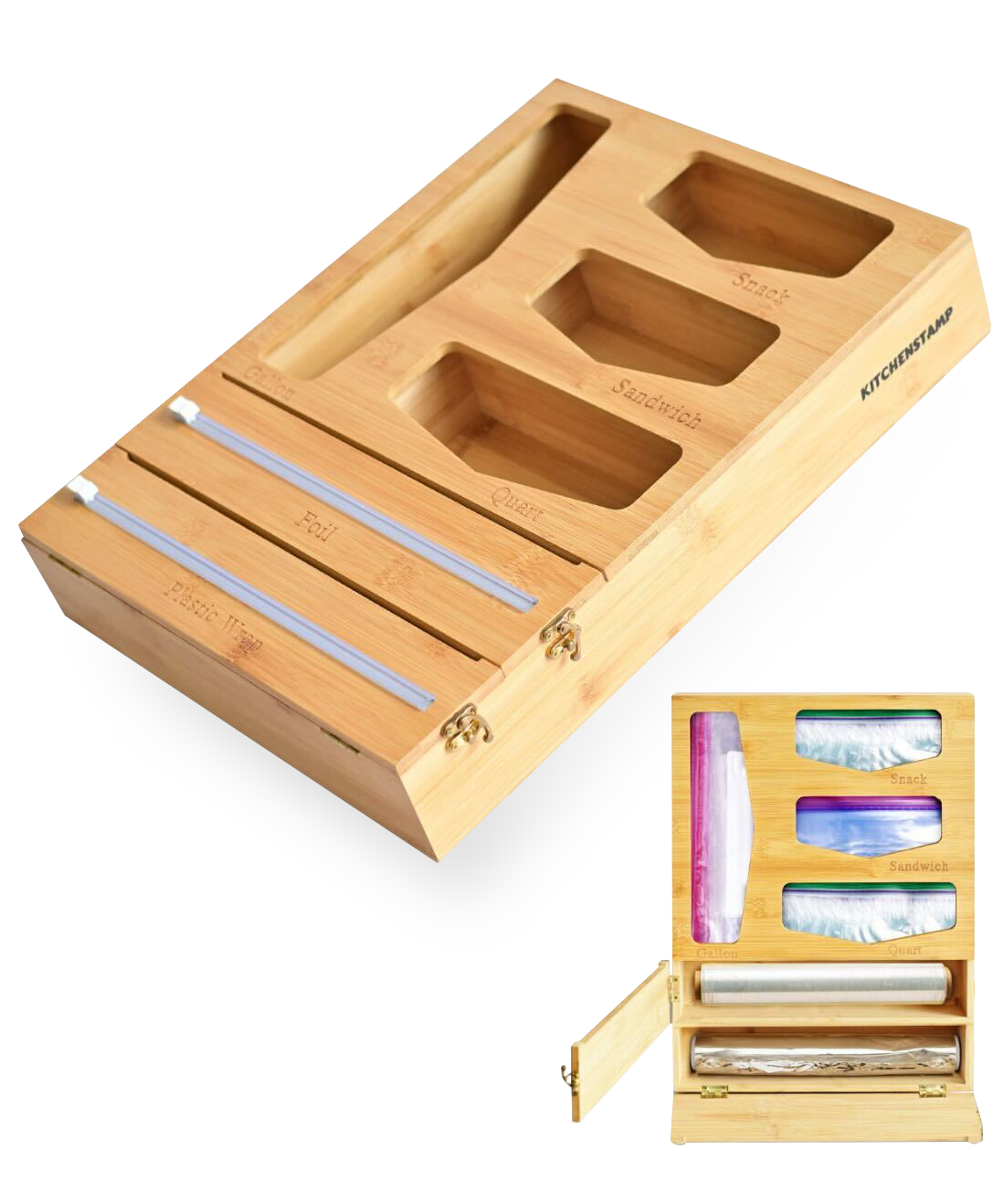 RASTIN Bamboo Zip lock Storage Bag Storage Organizer for Drawer Including  Foil Cutter for Labels, Plastic Wrap, Paper Dispenser for Kitchen Drawer