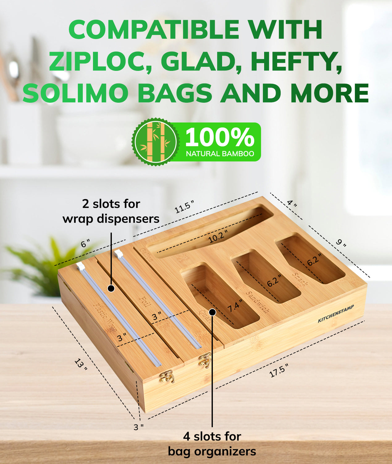 6 in 1 Bamboo Ziploc Bag Storage Organizer and Wrap Dispenser.
